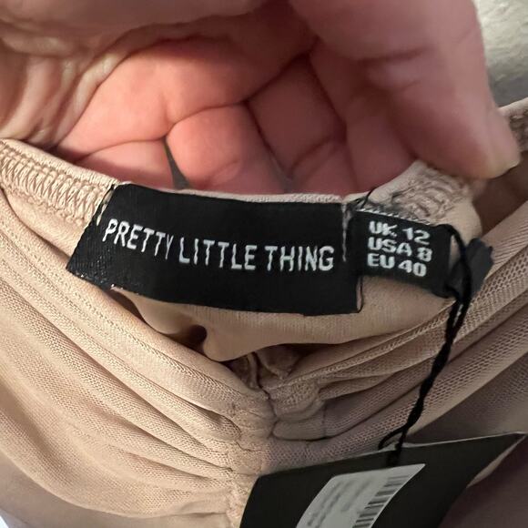 NWT PrettyLittleThing Tan Long Sleeve Ruched Mini Dress Size 8 - Picture 4 of 6